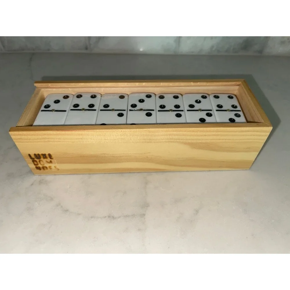 LUXE Dominoes Wood Box NIB Orange Sliding Lucite Lid‎